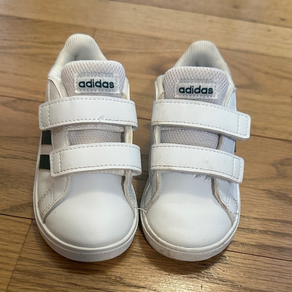 adidas Toddler White Sneakers with Green Logo Accent